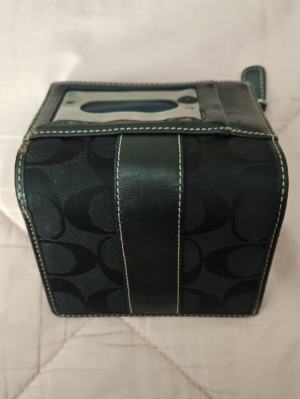 Coach Black Signature Canvas Tri Fold Wallet with Leather Trim